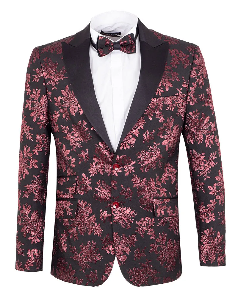 Burgundy Floral Design Blazer with Contrasting Lapel & Matching Bow Tie