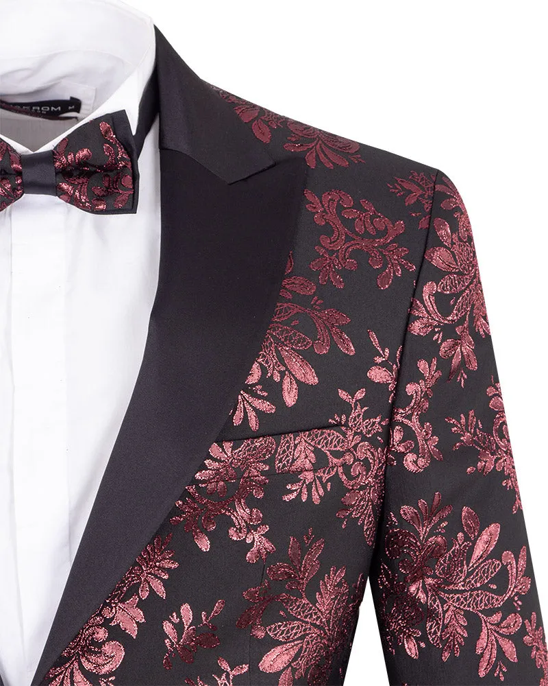 Burgundy Floral Design Blazer with Contrasting Lapel & Matching Bow Tie