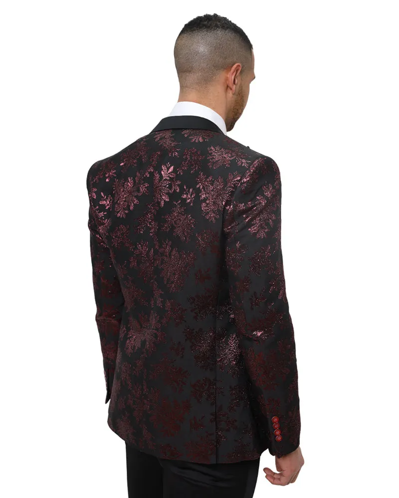 Burgundy Floral Design Blazer with Contrasting Lapel & Matching Bow Tie