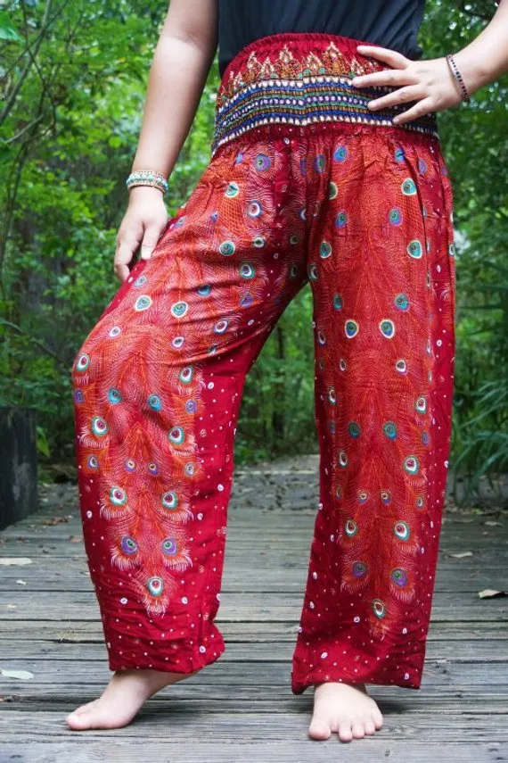 Burgundy PEACOCK Women Boho Pants Hippie Pants Yoga Pants