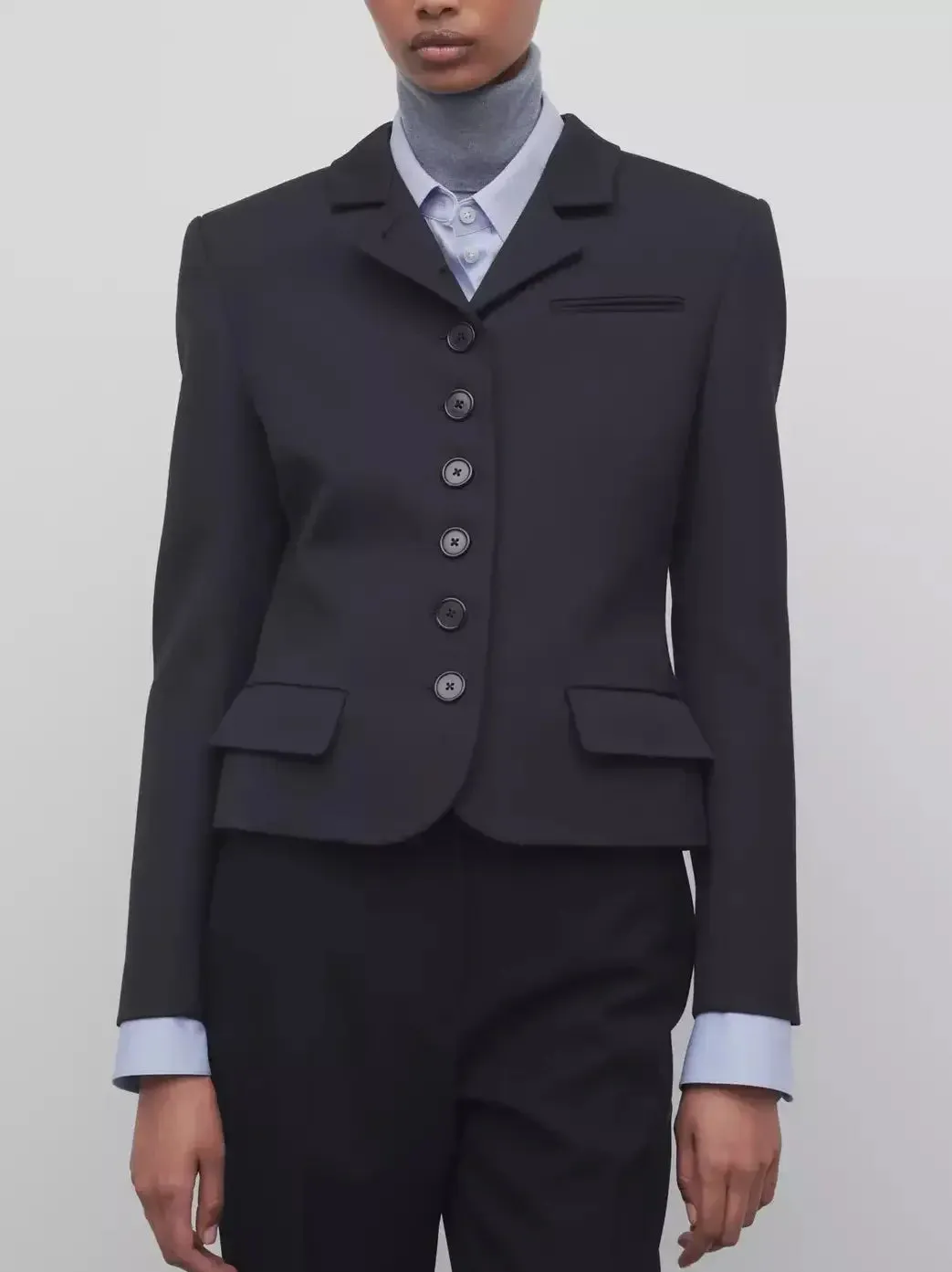 Buttoned Black Wool Fitted Blazer Jacket