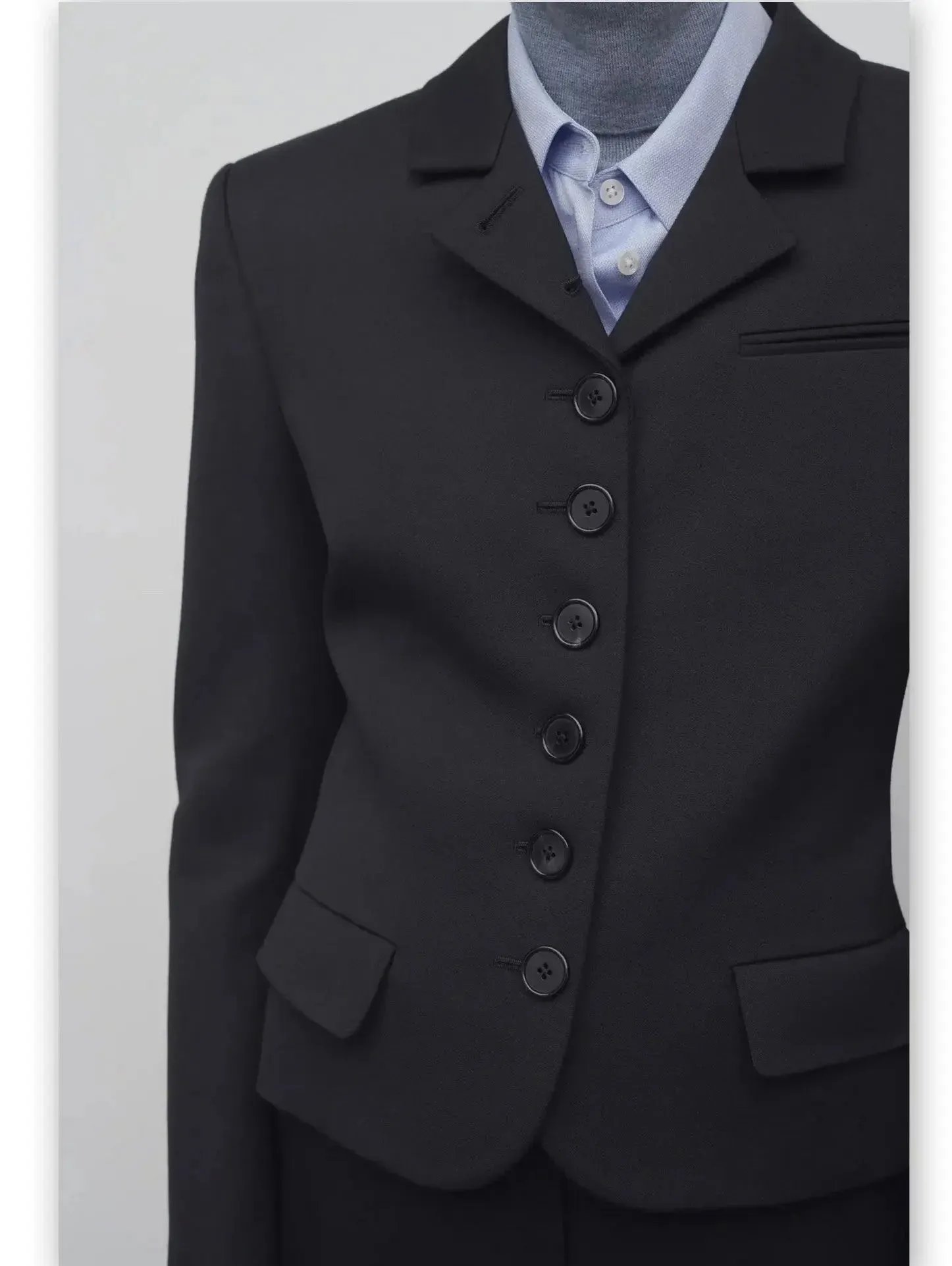 Buttoned Black Wool Fitted Blazer Jacket