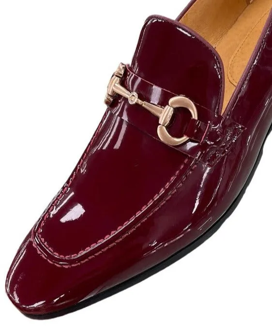 Carrucci Burgundy Patent Leather Men's Slip-On Dress Shoes Gold Buckle