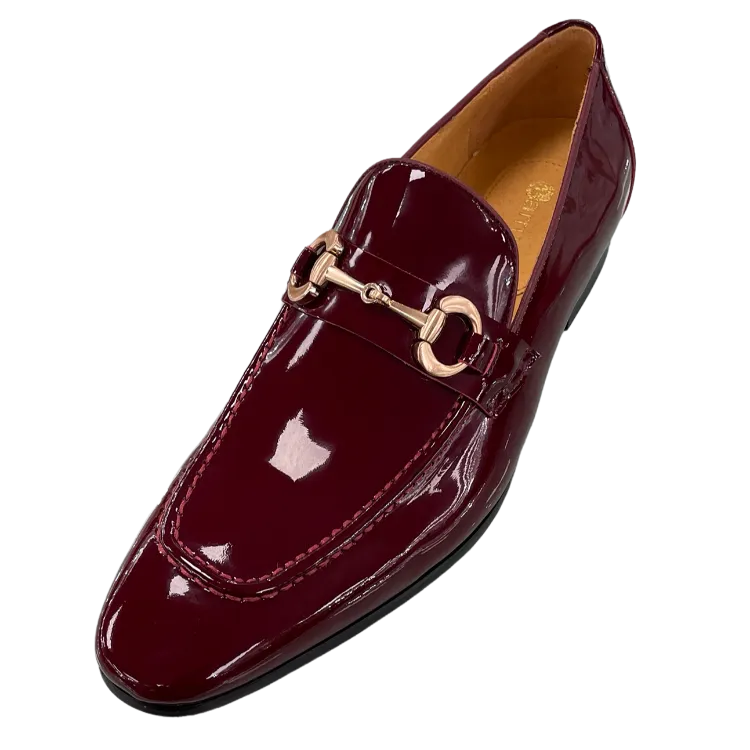 Carrucci Burgundy Patent Leather Men's Slip-On Dress Shoes Gold Buckle