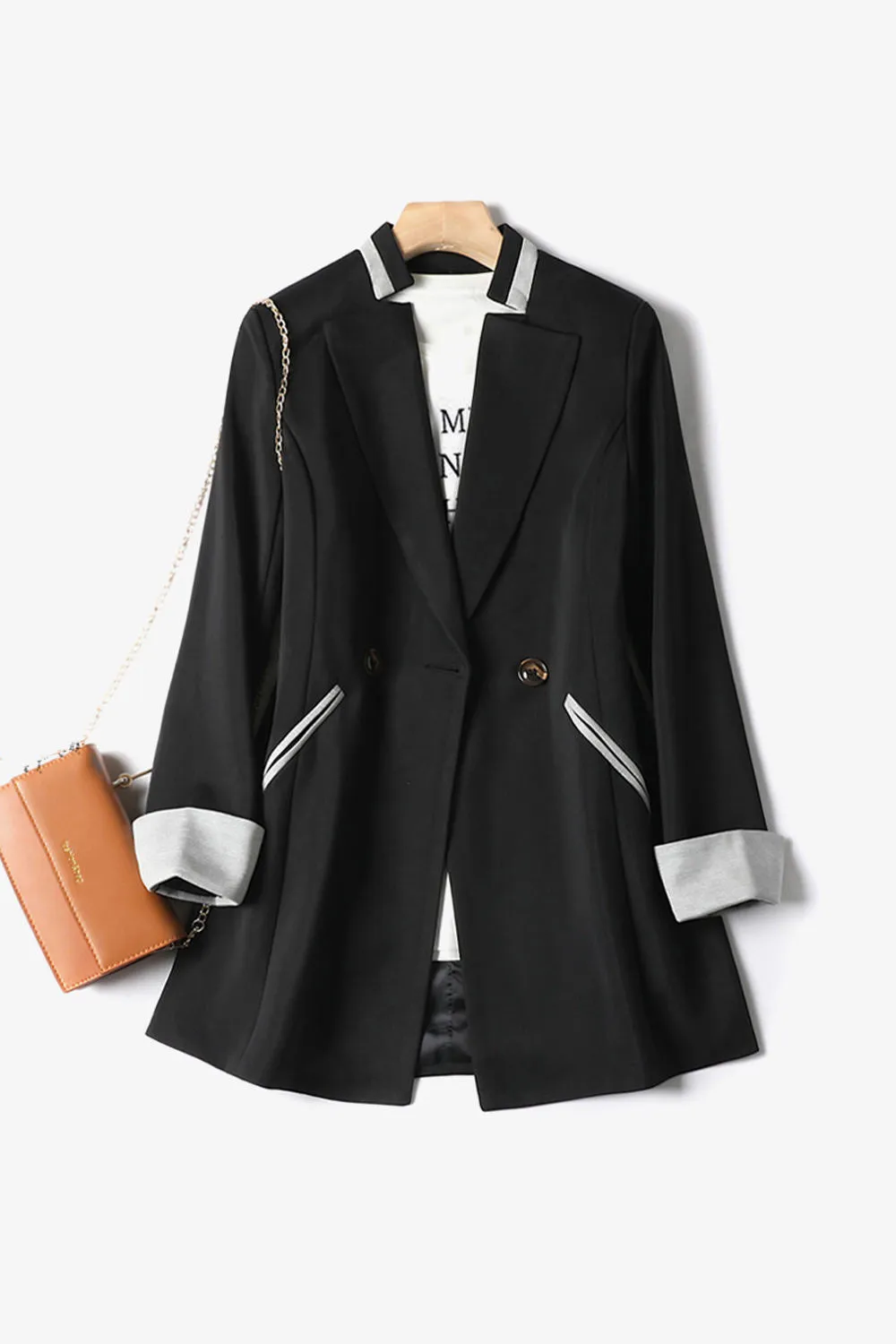 Casual Standing Collar Color Block Blazer