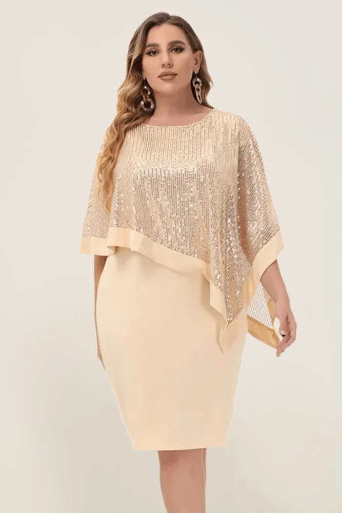 Champagne Sequined Capelet Decorated Scoop Neck Bodycon Dress