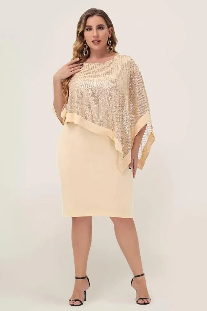 Champagne Sequined Capelet Decorated Scoop Neck Bodycon Dress