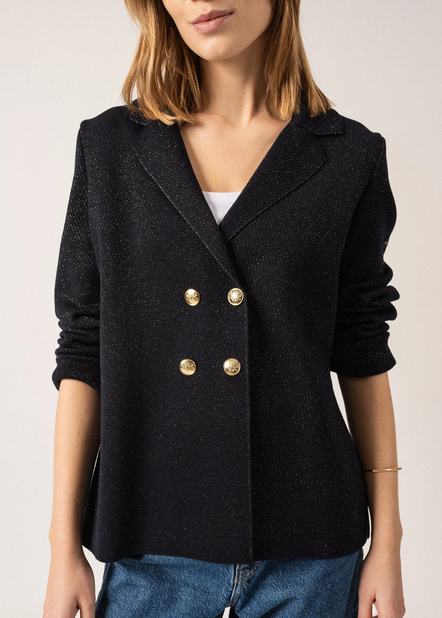 CHARENTE II LUREX - Wool Lurex Blazer with Gold Buttons for Women (NAVY / CHAMPAGNE)