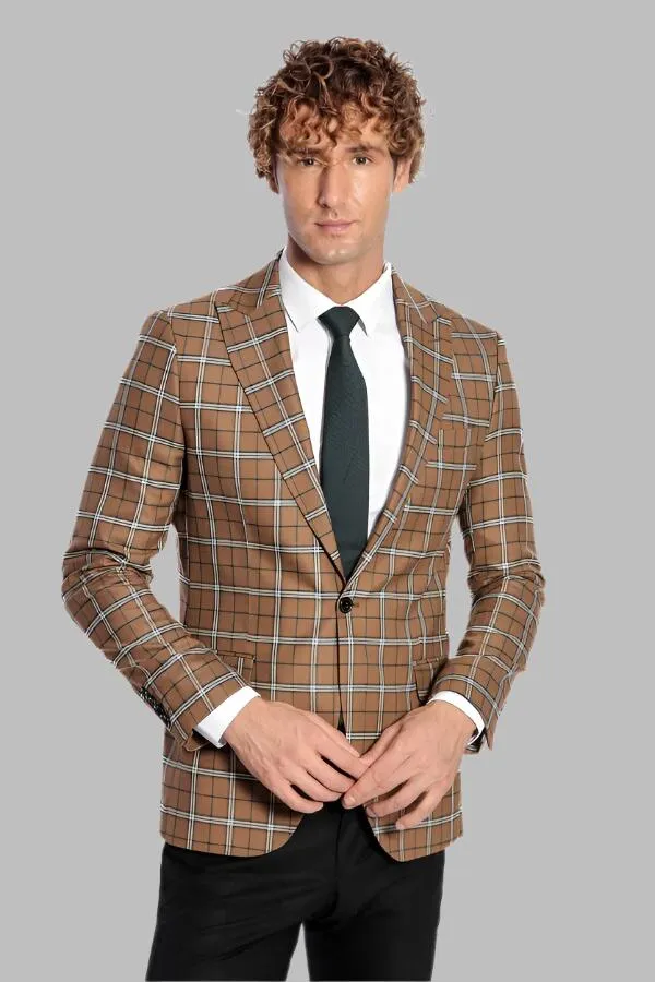 Checked Brown Men Blazer - Wessi