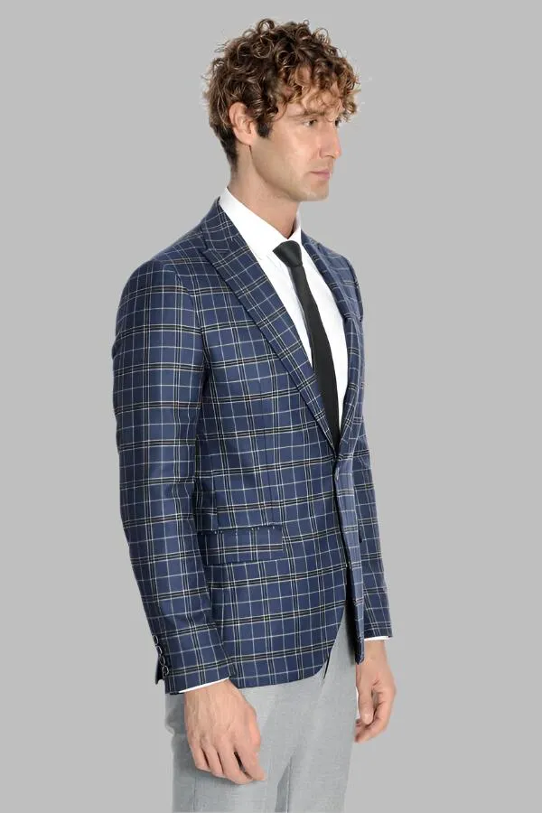 Checked Navy Blue Men Blazer - Wessi