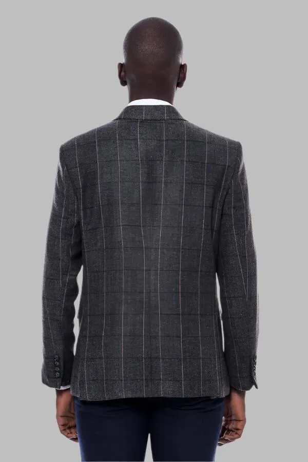 Checked Peak Lapel Slim-Fit Dark Grey Men Blazer - Wessi