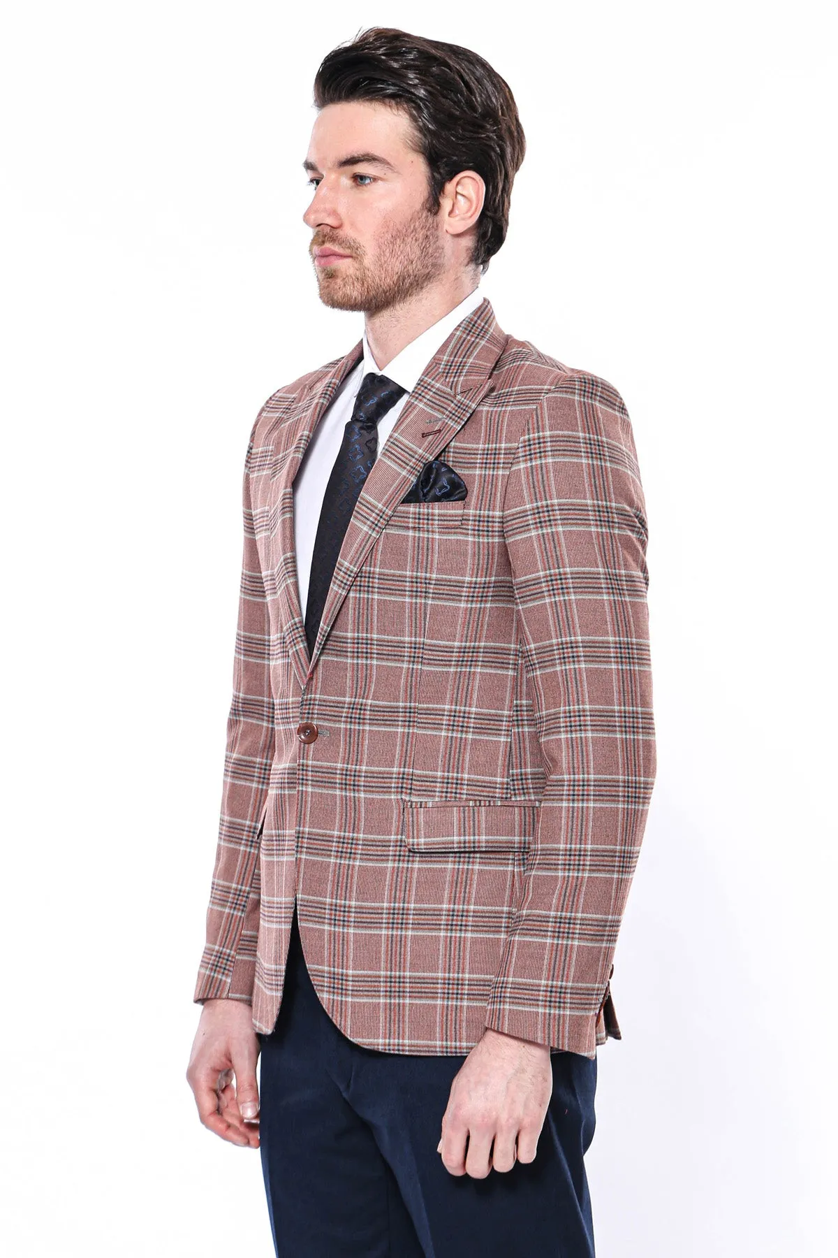 Checked Single Button Burgundy Men Blazer - Wessi