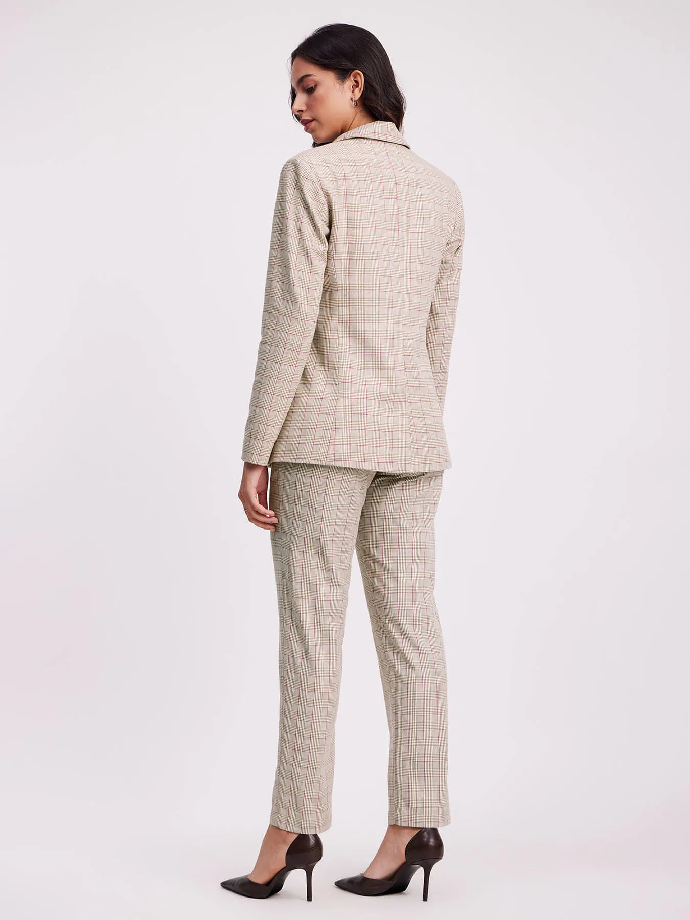 Checkered Blazer And Trouser Co-ord - Beige