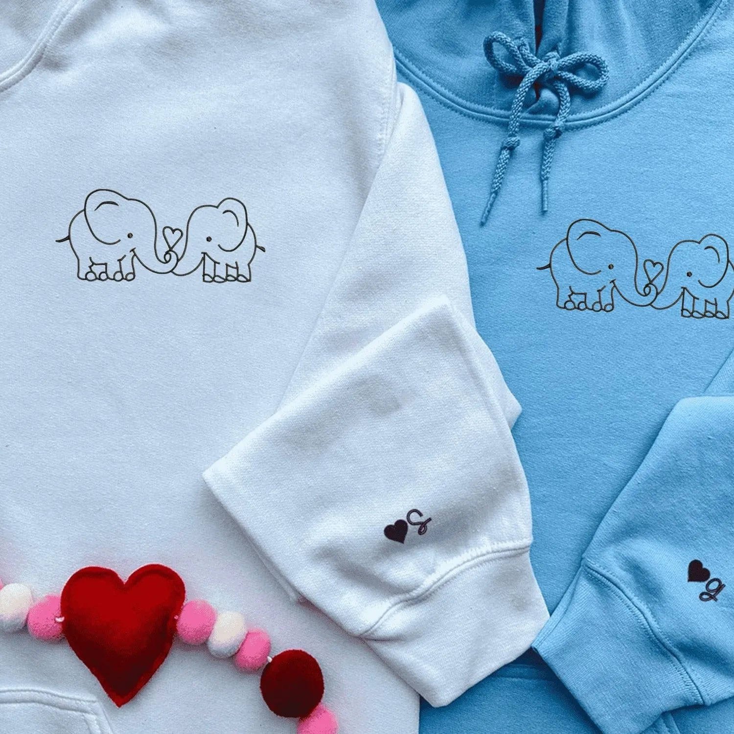 Cute Elephant Matching Couple Hoodies - Custom Embroidered Matching Hoodies For Couples