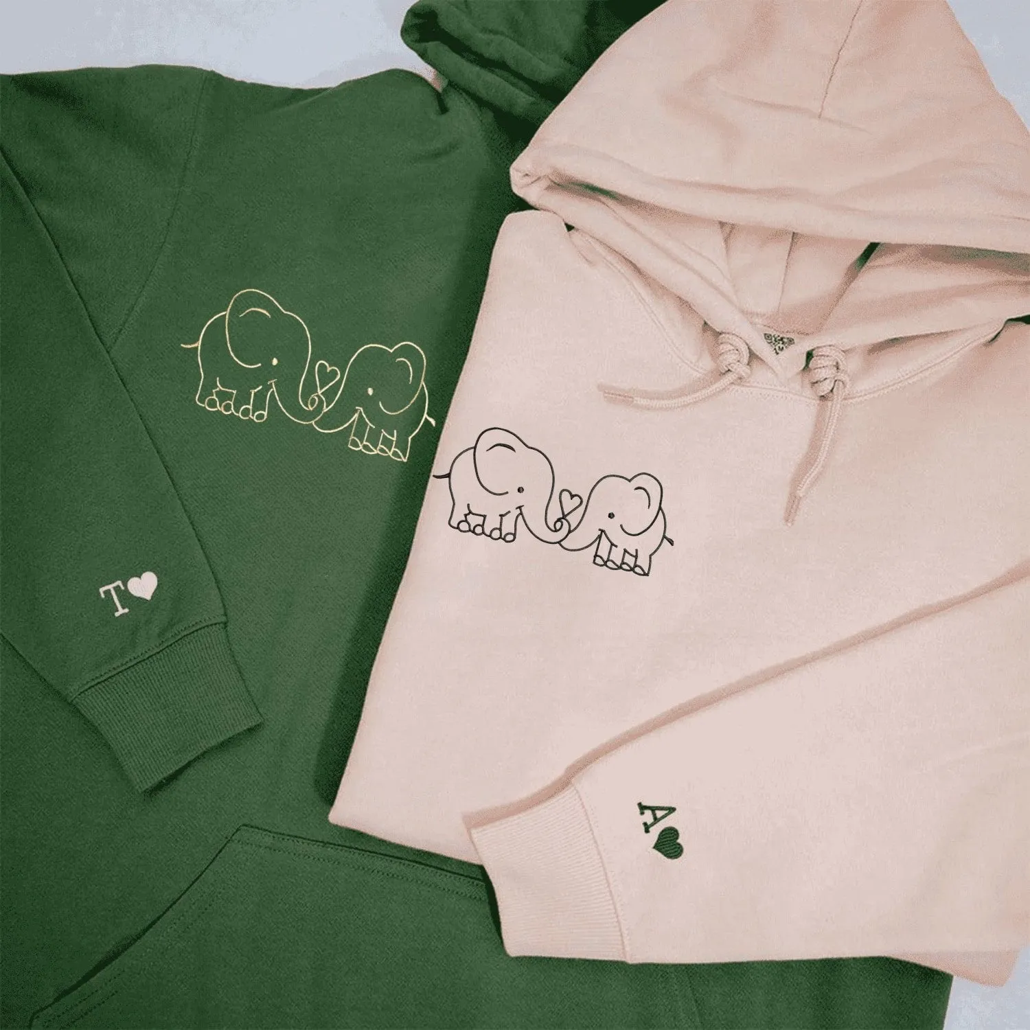 Cute Elephant Matching Couple Hoodies - Custom Embroidered Matching Hoodies For Couples