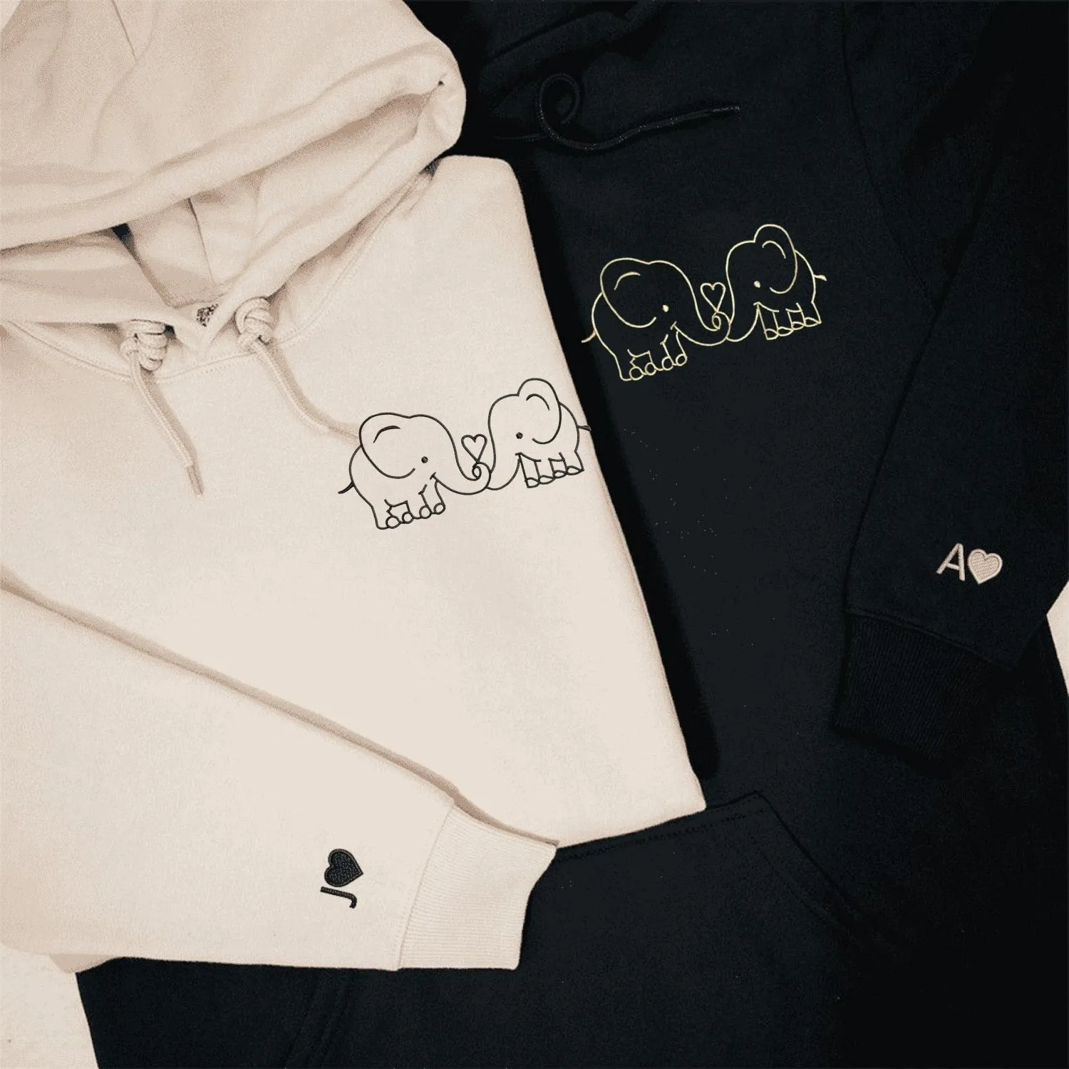 Cute Elephant Matching Couple Hoodies - Custom Embroidered Matching Hoodies For Couples