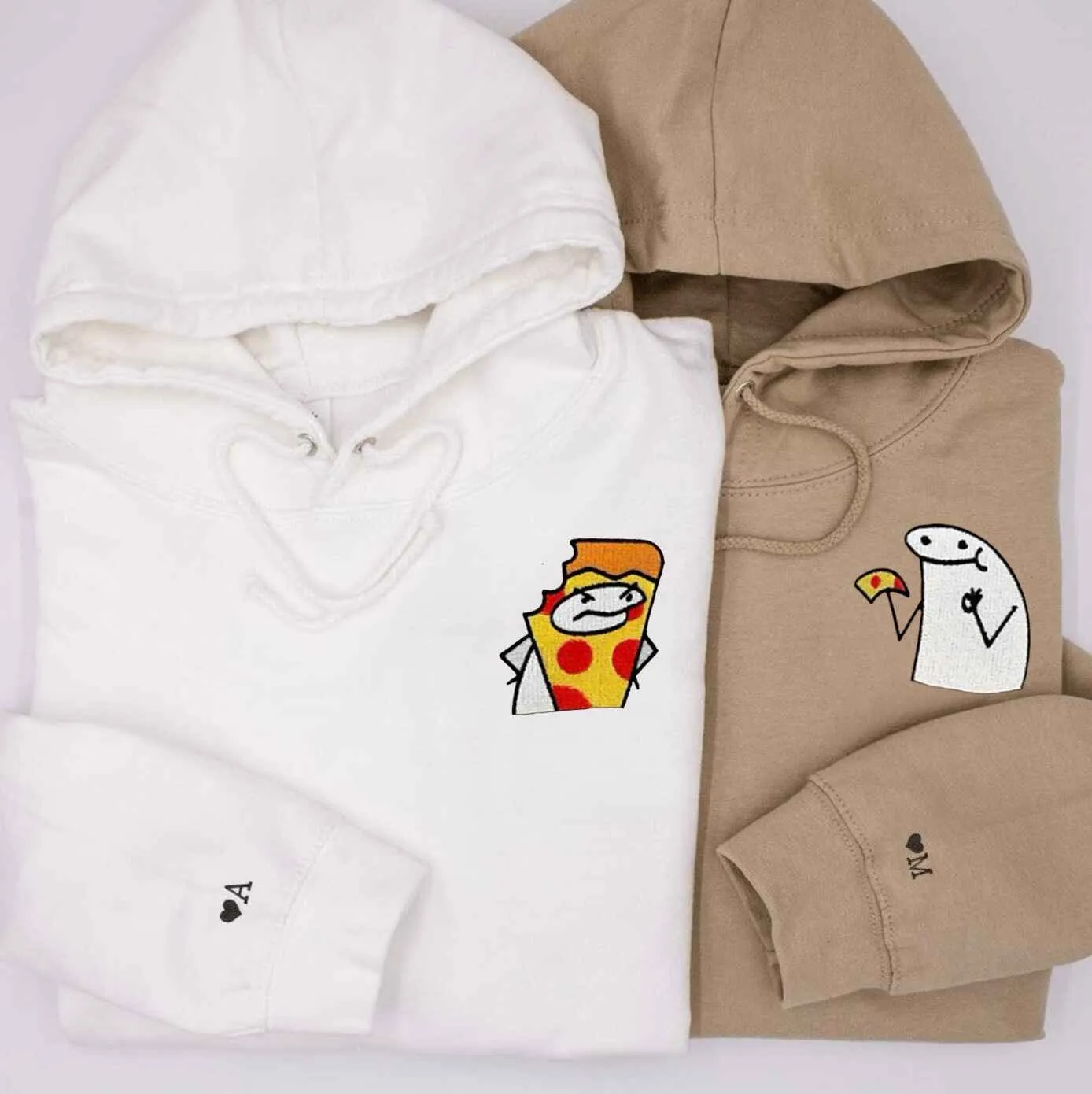 Cute Lizard and Pizza Couple Hoodies - Couples Embroidered Matching Hoodies