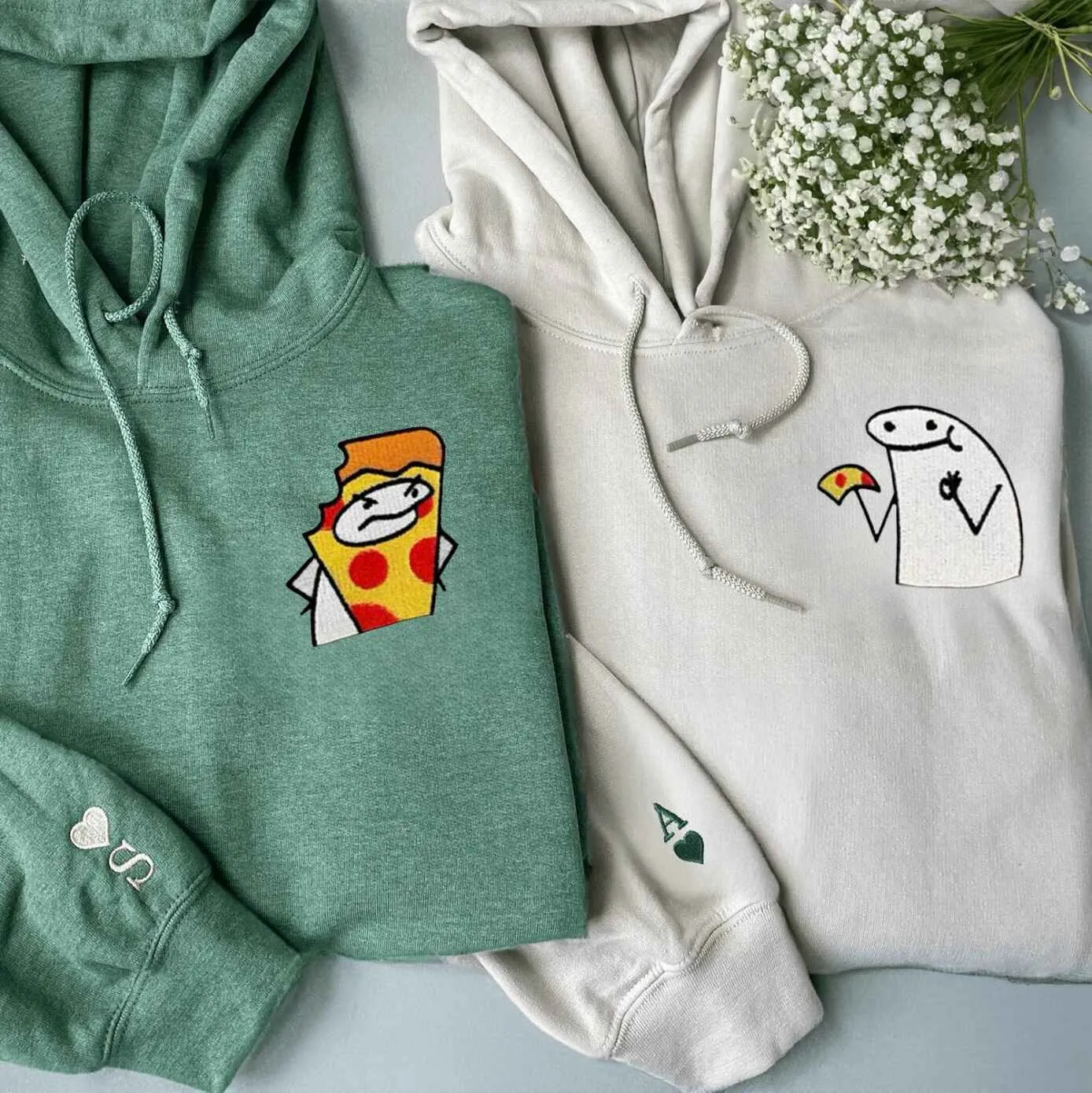 Cute Lizard and Pizza Couple Hoodies - Couples Embroidered Matching Hoodies