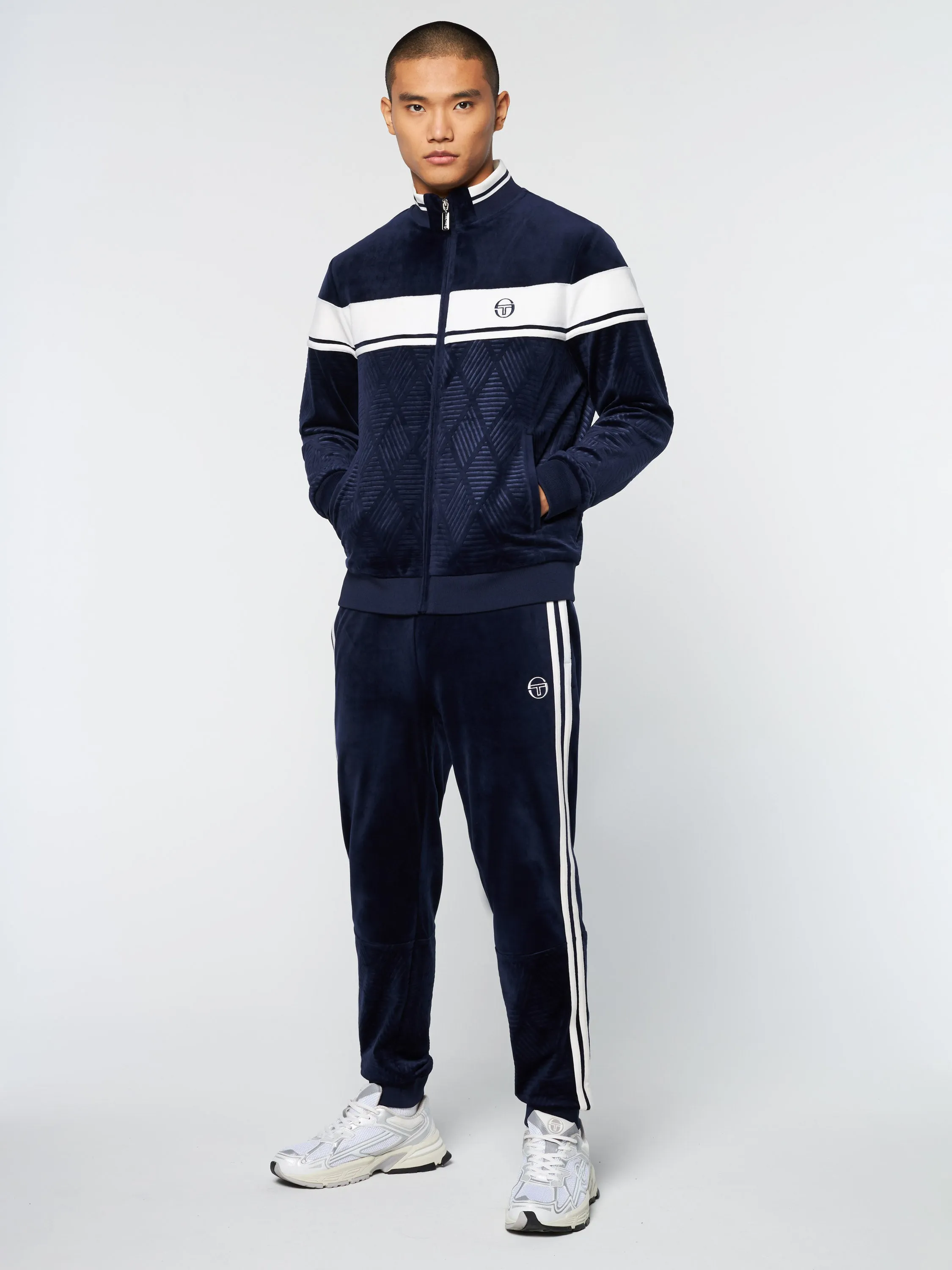 Debossed Damarindo Velour Track Jacket- Maritime Blue