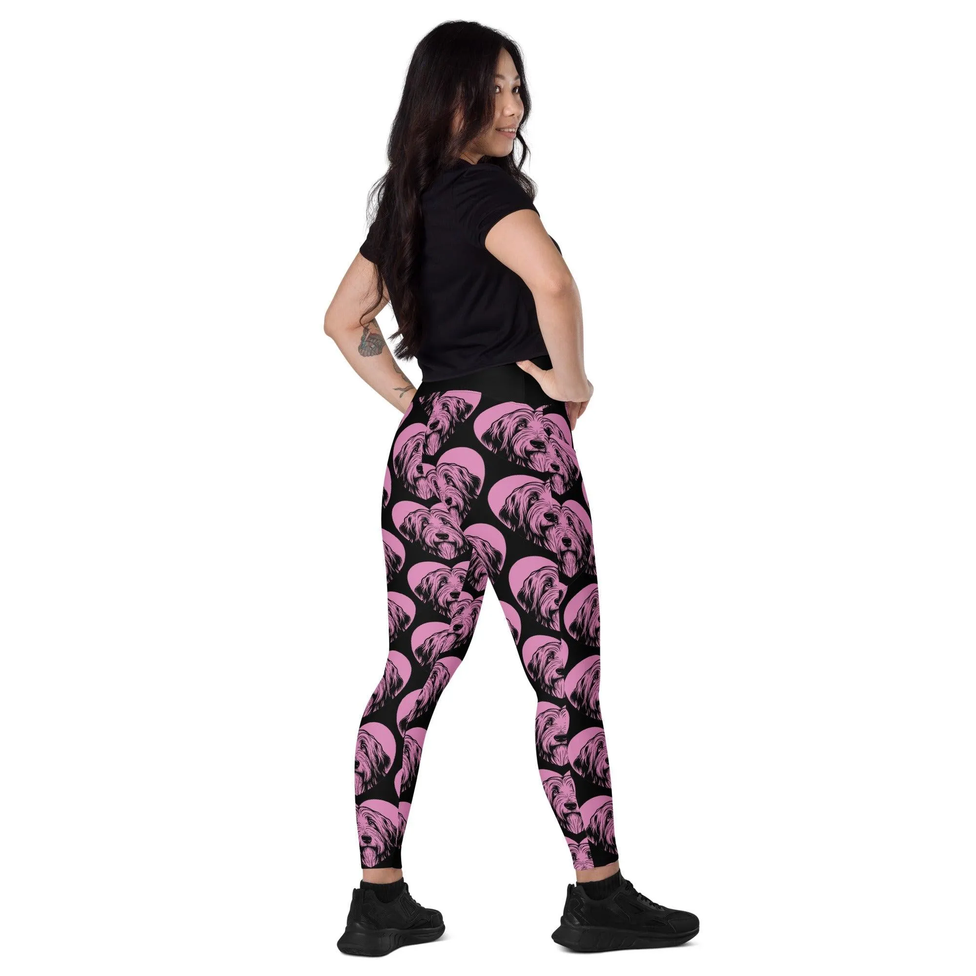 DOG BREED LEGGINGS with pockets - BEARDED COLLIE - HERTTAHOUND - pink