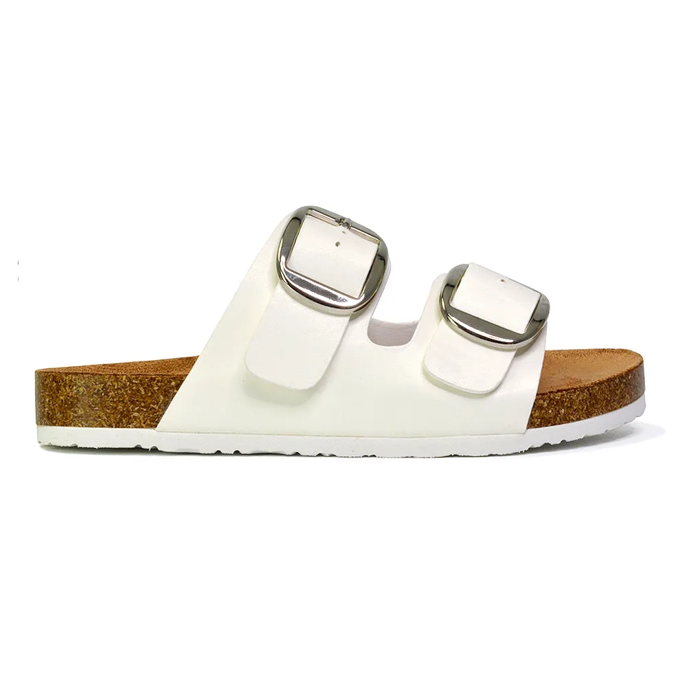 Dolly Slip On Sliders Statement Double Buckle Up Flat Sandals in Khaki