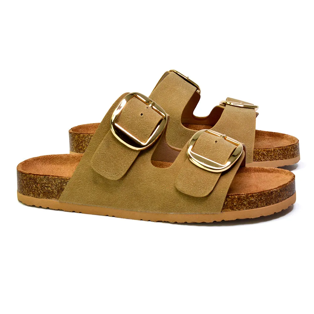 Dolly Slip On Sliders Statement Double Buckle Up Flat Sandals in Khaki