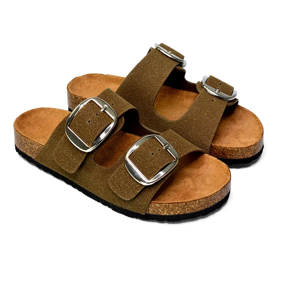 Dolly Slip On Sliders Statement Double Buckle Up Flat Sandals in Khaki