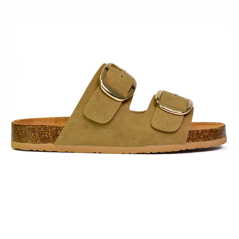 Dolly Slip On Sliders Statement Double Buckle Up Flat Sandals in Khaki