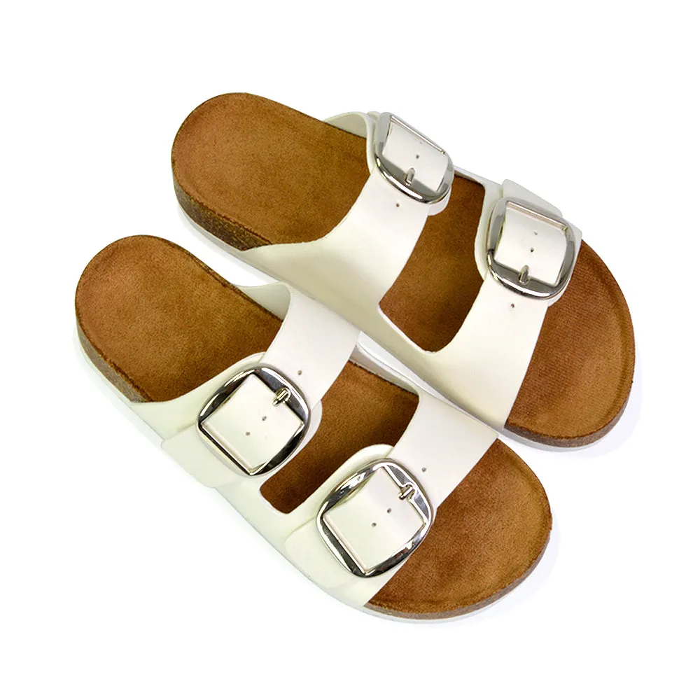 Dolly Slip On Sliders Statement Double Buckle Up Flat Sandals in Khaki