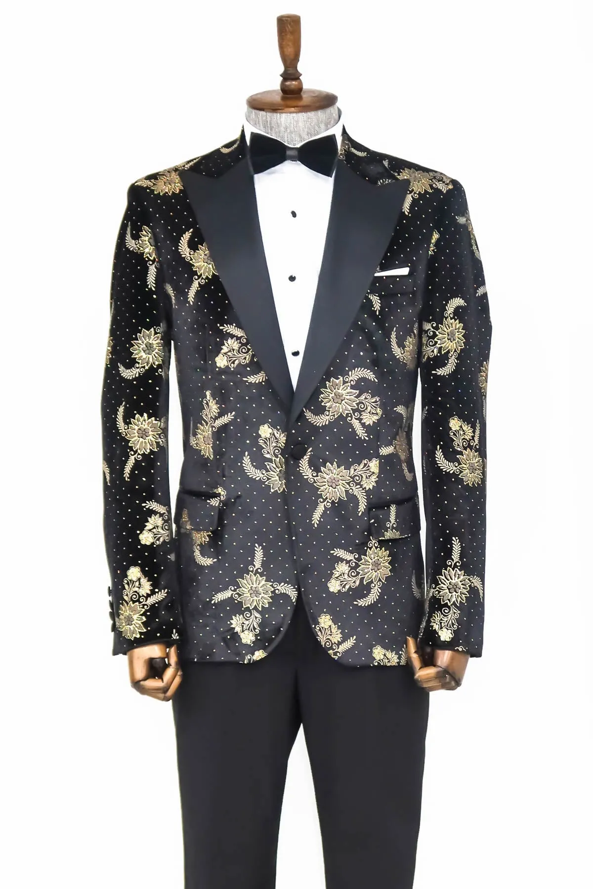 Dot Floral Patterned Velvet Black Men Stage Tuxedo Blazer - Wessi