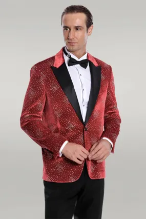 Dot Patterned Peak Lapel Burgundy Men Singer Tuxedo Blazer - Wessi