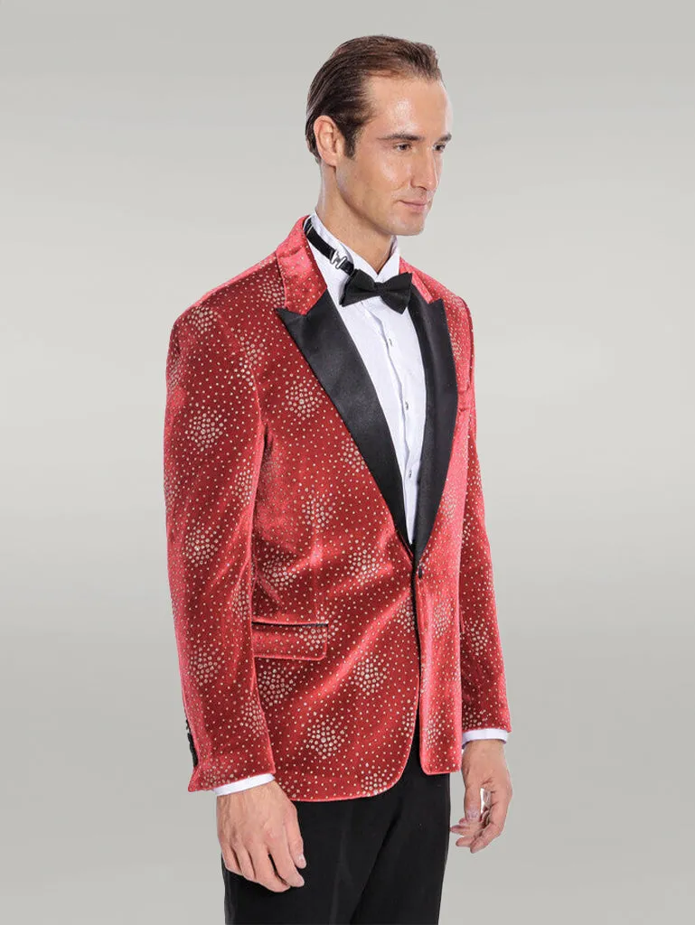 Dot Patterned Peak Lapel Burgundy Men Singer Tuxedo Blazer - Wessi