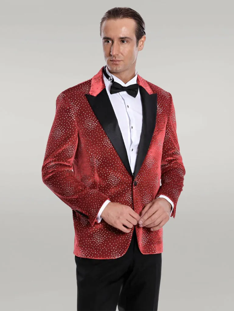 Dot Patterned Peak Lapel Burgundy Men Singer Tuxedo Blazer - Wessi