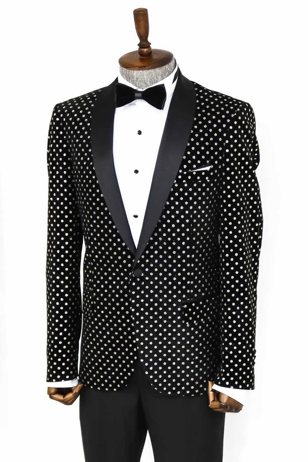 Dot Patterned Slim Fit Black Men Evening Dinner Blazer - Wessi