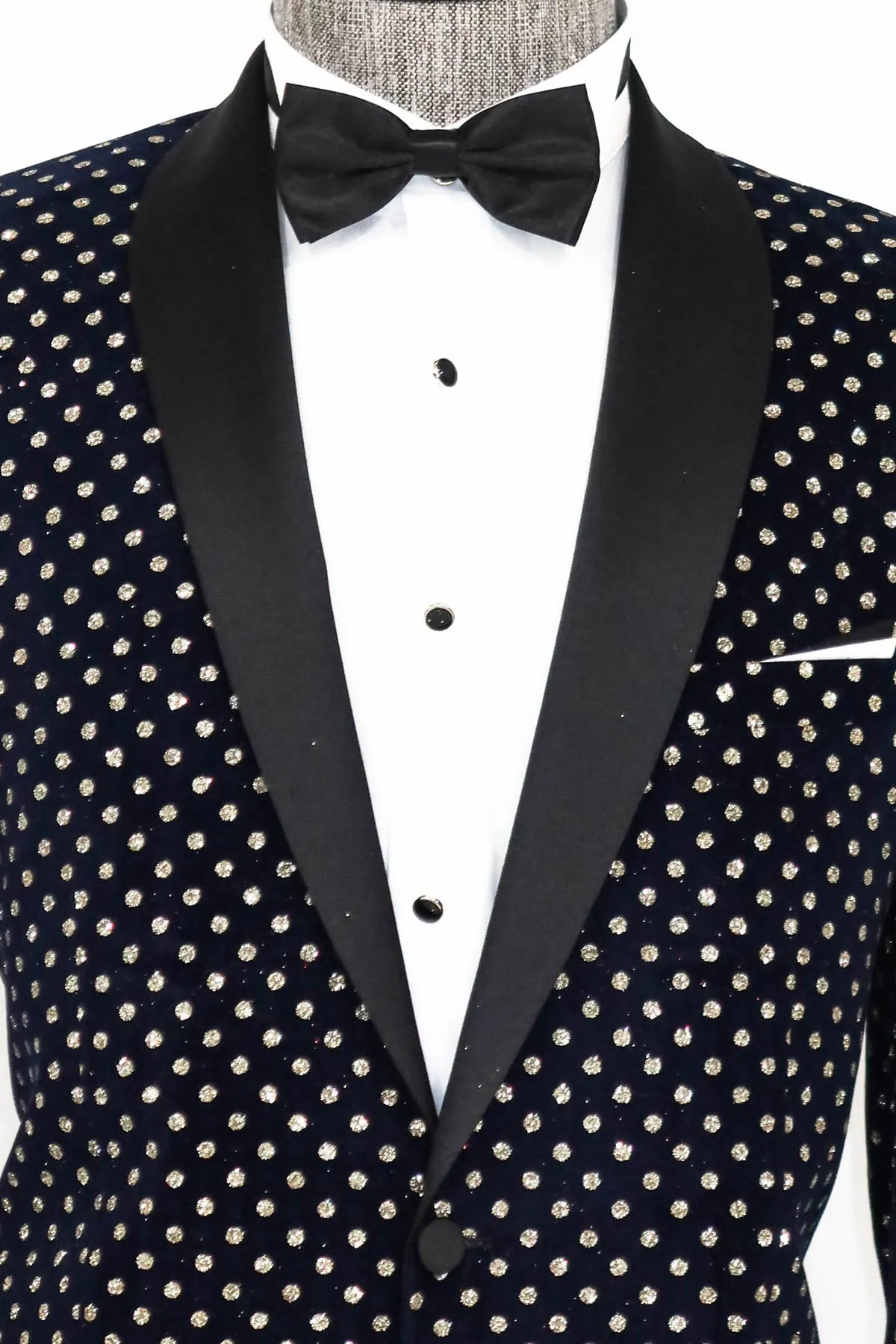 Dot Patterned Slim Fit Navy Blue Men Party Blazer - Wessi