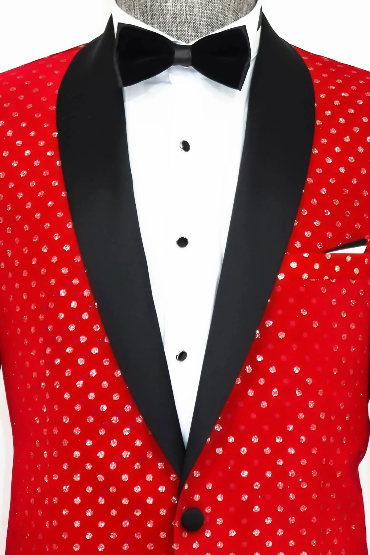 Dot Patterned Slim Fit Red Men Singer Tuxedo Blazer - Wessi