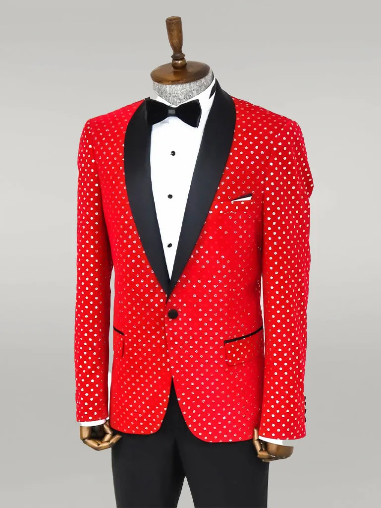 Dot Patterned Slim Fit Red Men Singer Tuxedo Blazer - Wessi