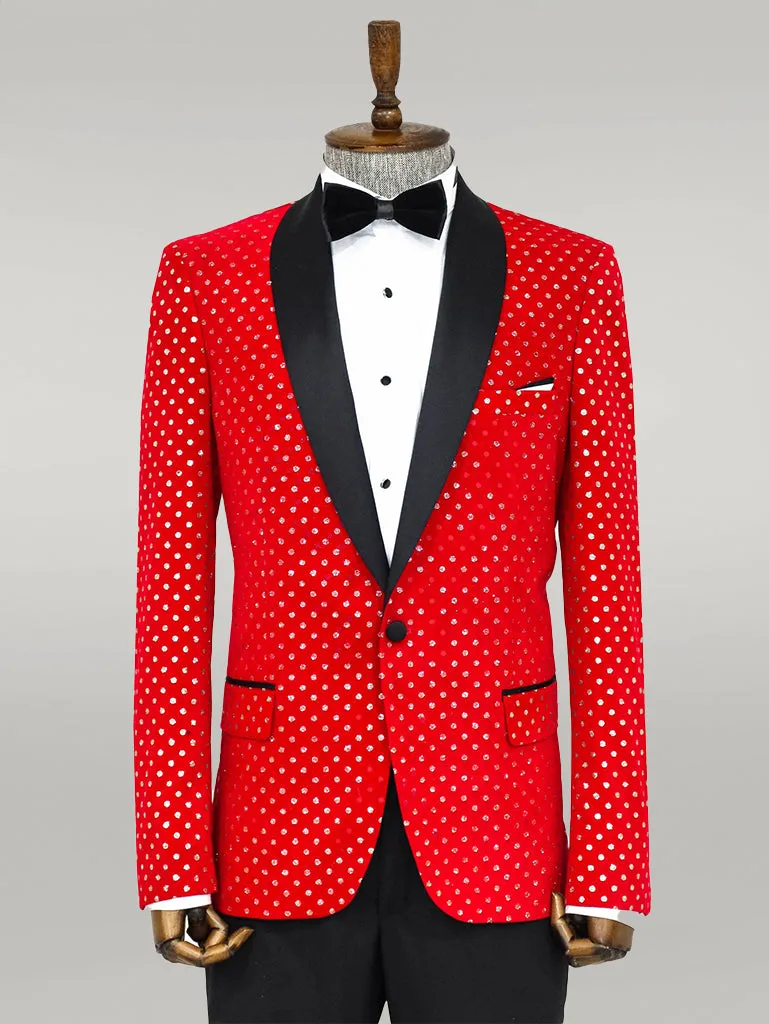 Dot Patterned Slim Fit Red Men Singer Tuxedo Blazer - Wessi