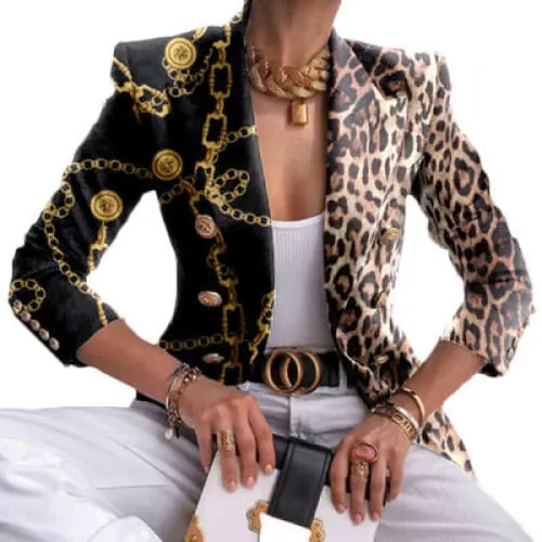 Double Breasted Print Design Lapel Collar Blazer