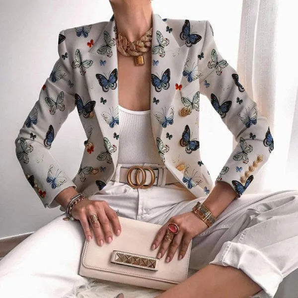 Double Breasted Print Design Lapel Collar Blazer