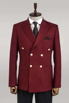 Double Breasted Slim Fit Burgundy Men Blazer - Wessi