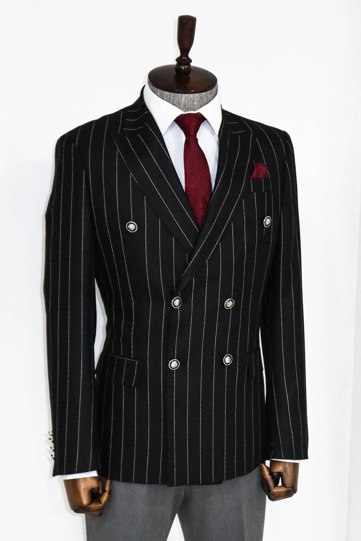 Double Breasted Slim Fit Striped Black Men Blazer and Trousers Combination- Wessi