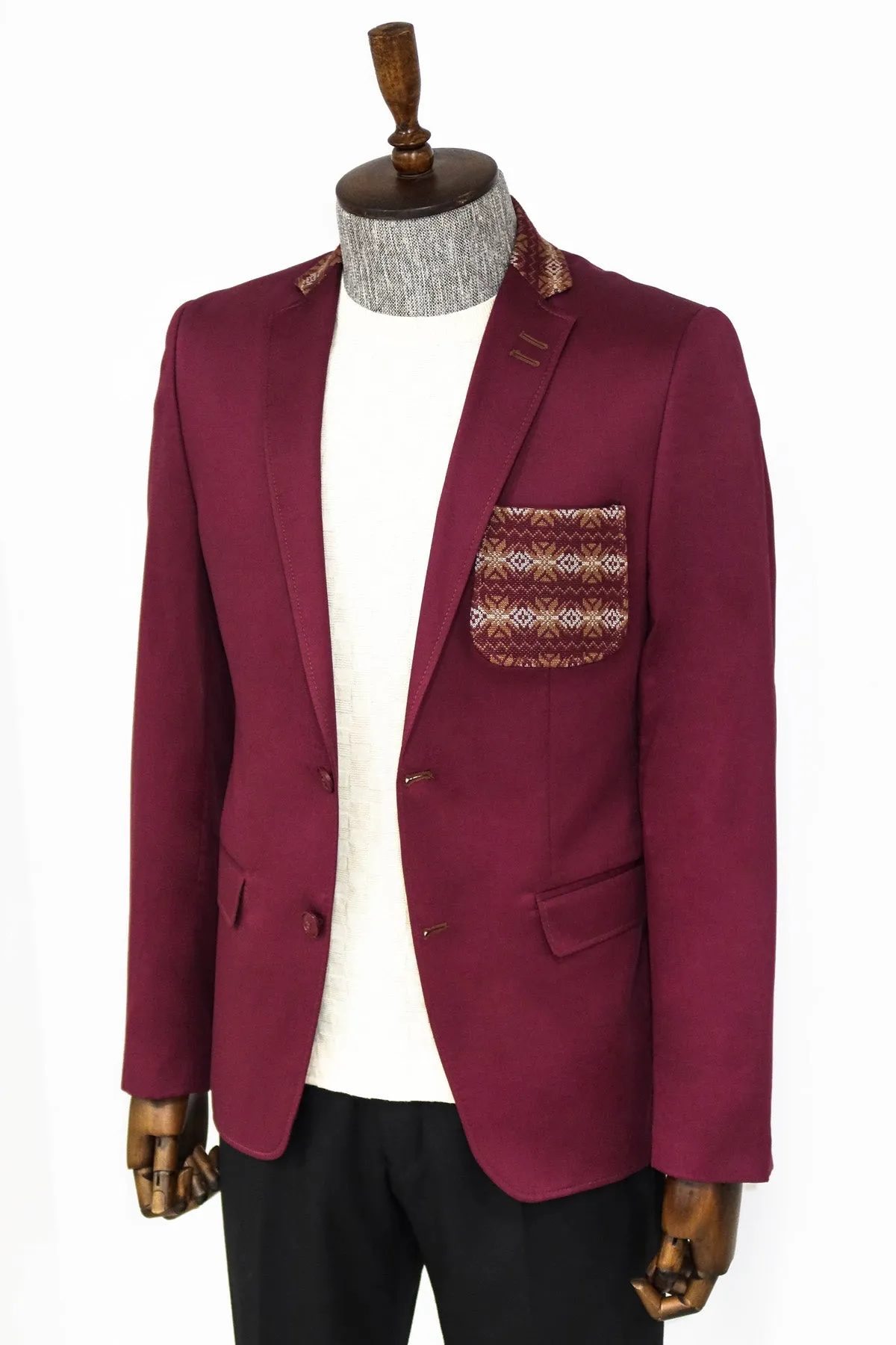 Double Buttons Knit Collar Mono Lapel Burgundy Jacket-Wessi