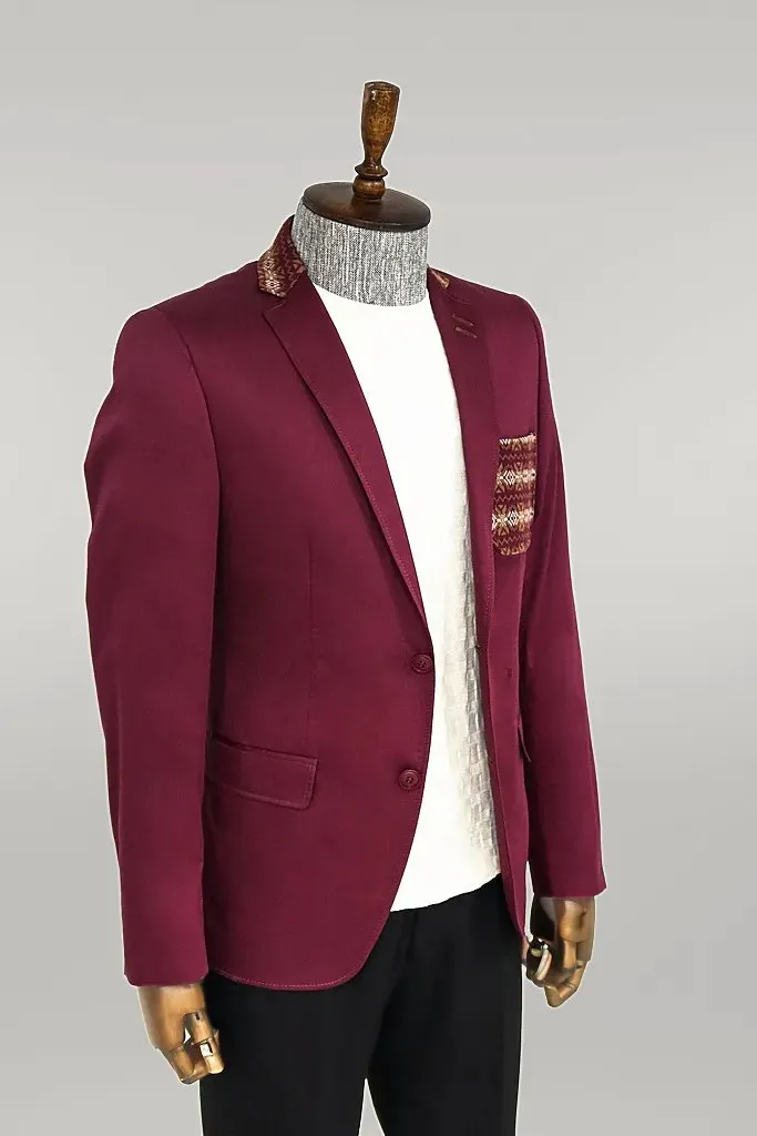 Double Buttons Knit Collar Mono Lapel Burgundy Jacket-Wessi