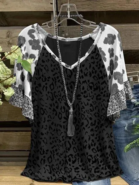 Dunnmall Cotton-Blend Casual V Neck Leopard-Print Shirts & Tops