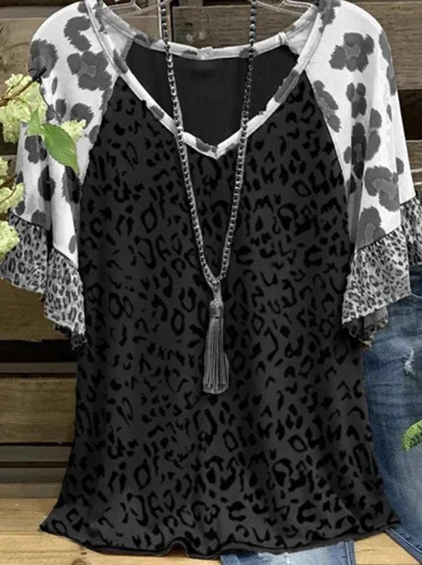 Dunnmall Cotton-Blend Casual V Neck Leopard-Print Shirts & Tops