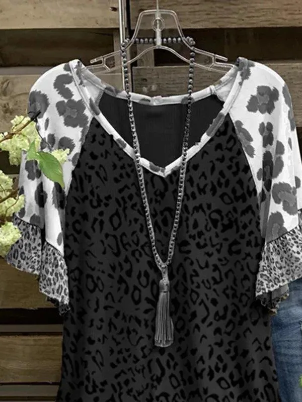 Dunnmall Cotton-Blend Casual V Neck Leopard-Print Shirts & Tops