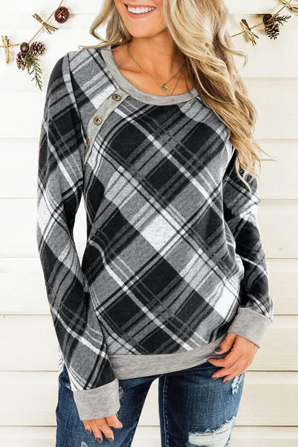 Dunnmall Fashion Casual Plaid Splicing Button Blouse