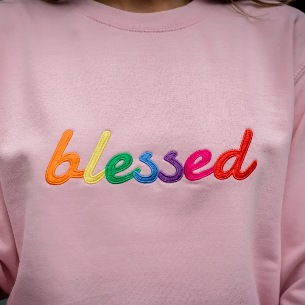 Embroidered Blessed Slogan Sweatshirt in  Baby Pink