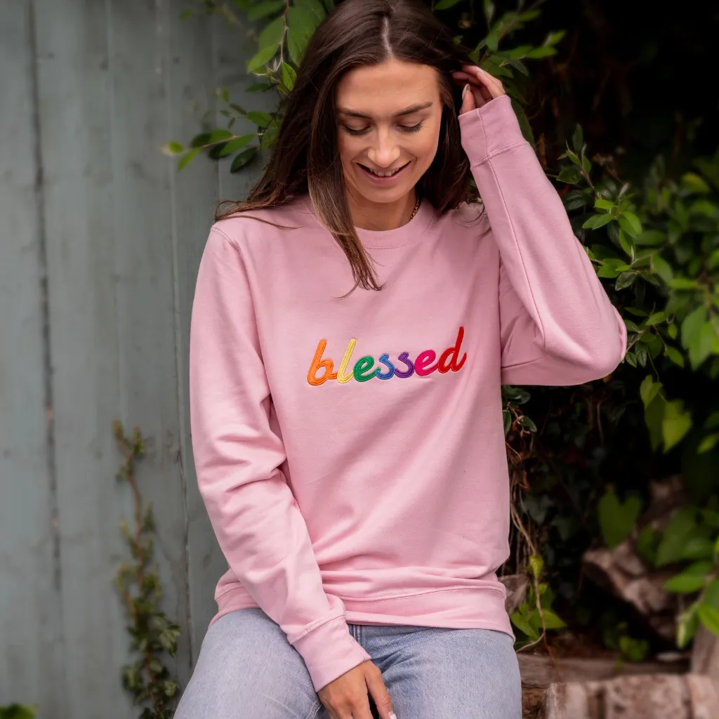 Embroidered Blessed Slogan Sweatshirt in  Baby Pink